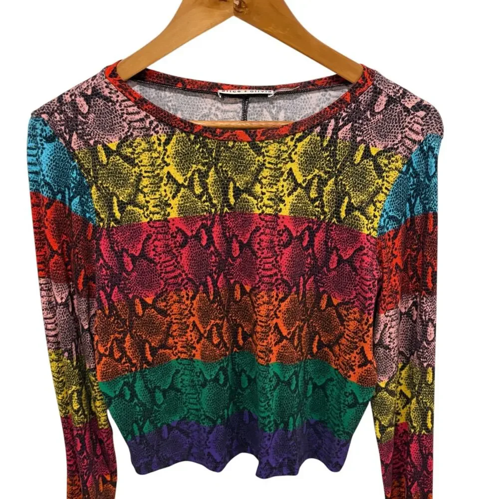 Alice + Olivia Rainbow Snake Stripe Top Women's Large Cropped Long Sleeve